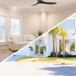 Interior vs exterior painting for homeowners shown through a split image of a freshly painted living room interior and a coastal home exterior with bright, durable finishes.