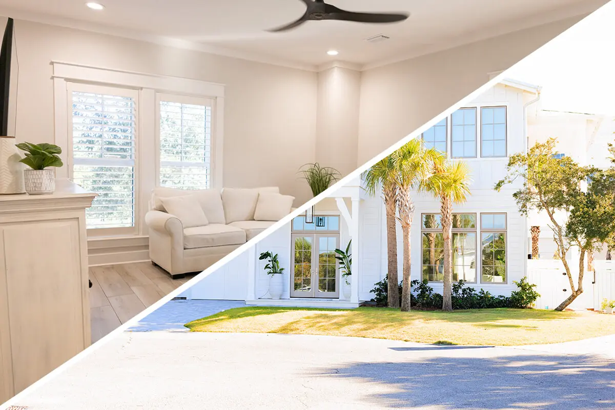 Interior vs exterior painting for homeowners shown through a split image of a freshly painted living room interior and a coastal home exterior with bright, durable finishes.